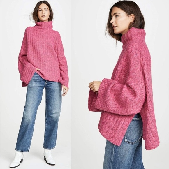 Eleven Six Oversized Baby Alpaca Cozy Pink Turtleneck Poncho Sweater